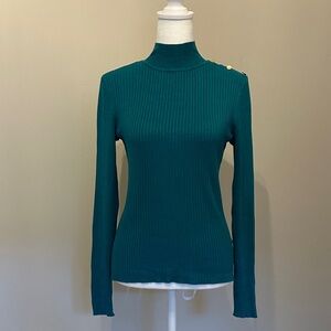 Marled Teal Ribbed Long Sleeve Mock Turtleneck Sweater with Button Detail